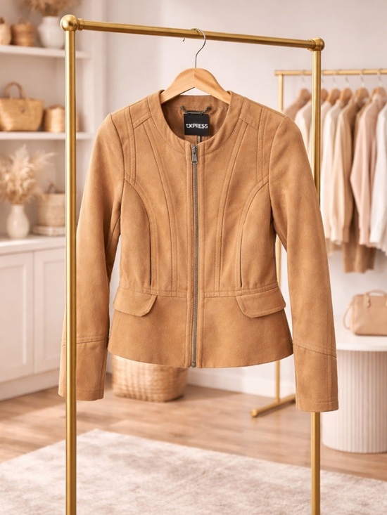 Express Jackets & Blazers - Express Camel Peplum Zip Front Jacket Blazer Women’s Small Tan Tailored